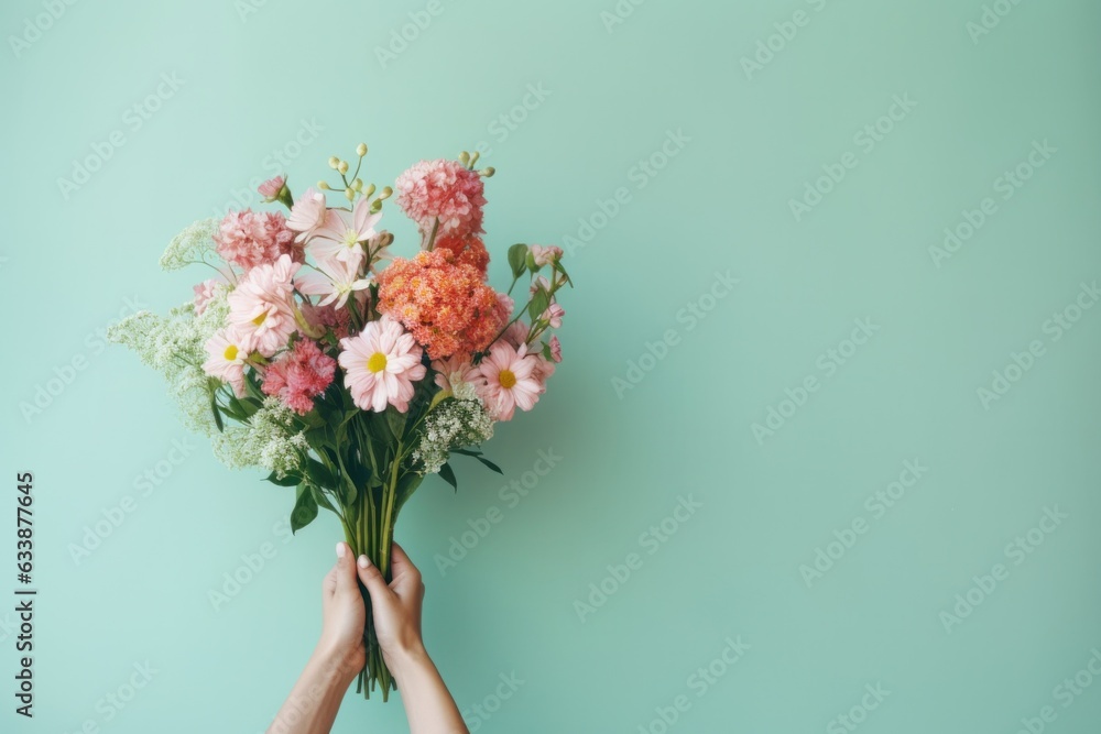 Woman holding flower bouquet.