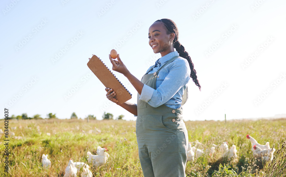 Woman in field with chickens, clipboard and egg, quality assurance and sustainable small business fa