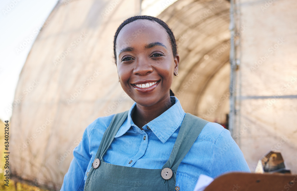 Black woman, portrait and farming with clipboard for sustainability, management or quality control i