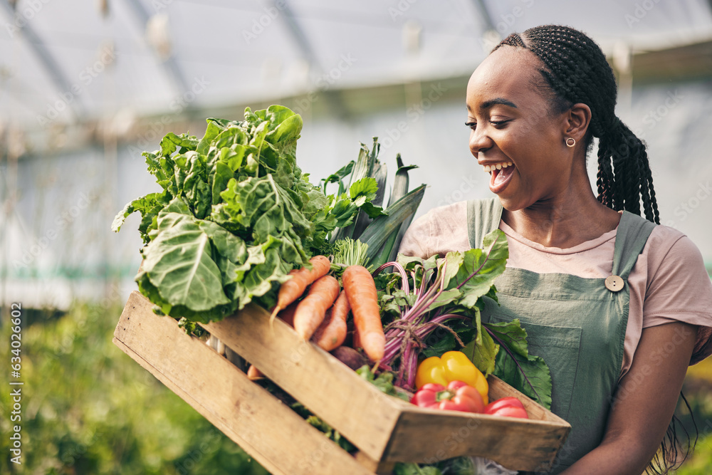 Woman, happy farmer and vegetables in greenhouse for agriculture, business growth and product in box