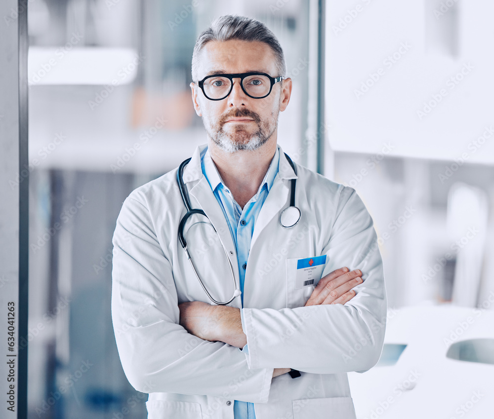 Mature doctor man, arms crossed and portrait for leadership in hospital, medical research or serious