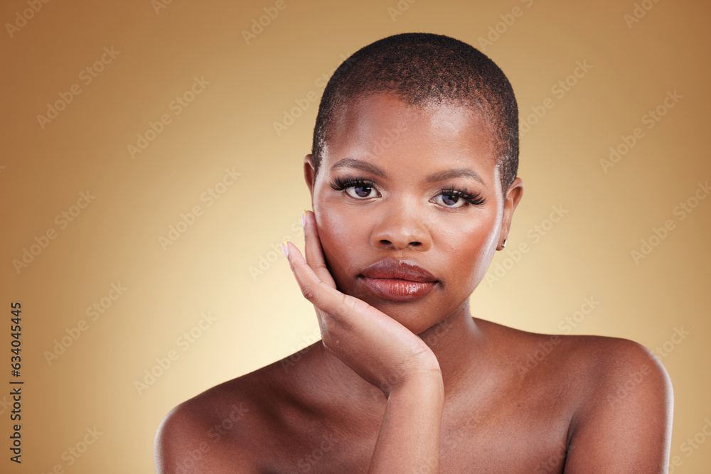 Black woman, makeup and portrait of beauty and face in studio for skin care, glow and cosmetics. Hea