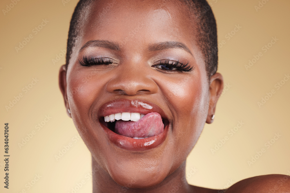 Wink, lick lips and beauty of a woman in studio for skin care, makeup and cosmetics. Face of a happy