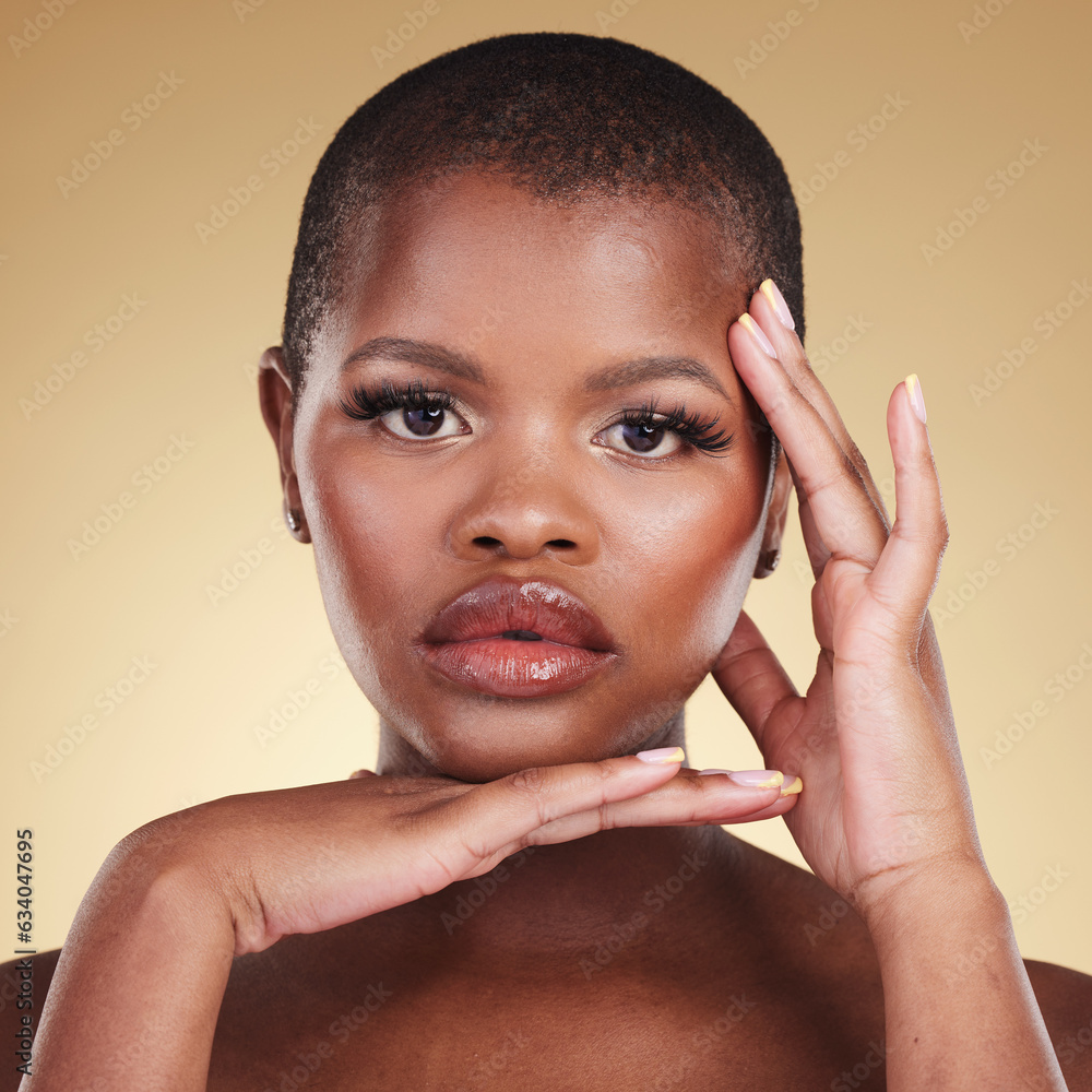 Natural face, makeup and beauty of a black woman in studio for skin care, glow and cosmetics. portra