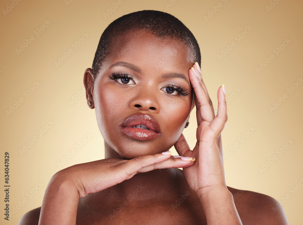 Beauty, natural face and a black woman in studio for skin care, healthy glow and cosmetics. Headshot