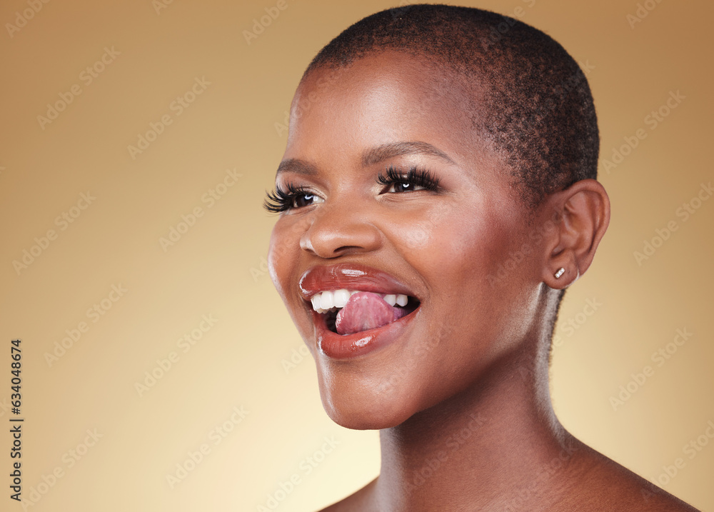 Beauty, tongue out and black woman beauty in studio for cosmetic wellness on brown background space.