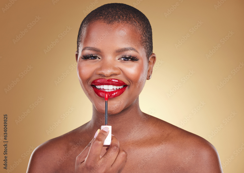 Beauty, makeup brush and a woman with red lipstick in studio for portrait, glow or cosmetics. Face o