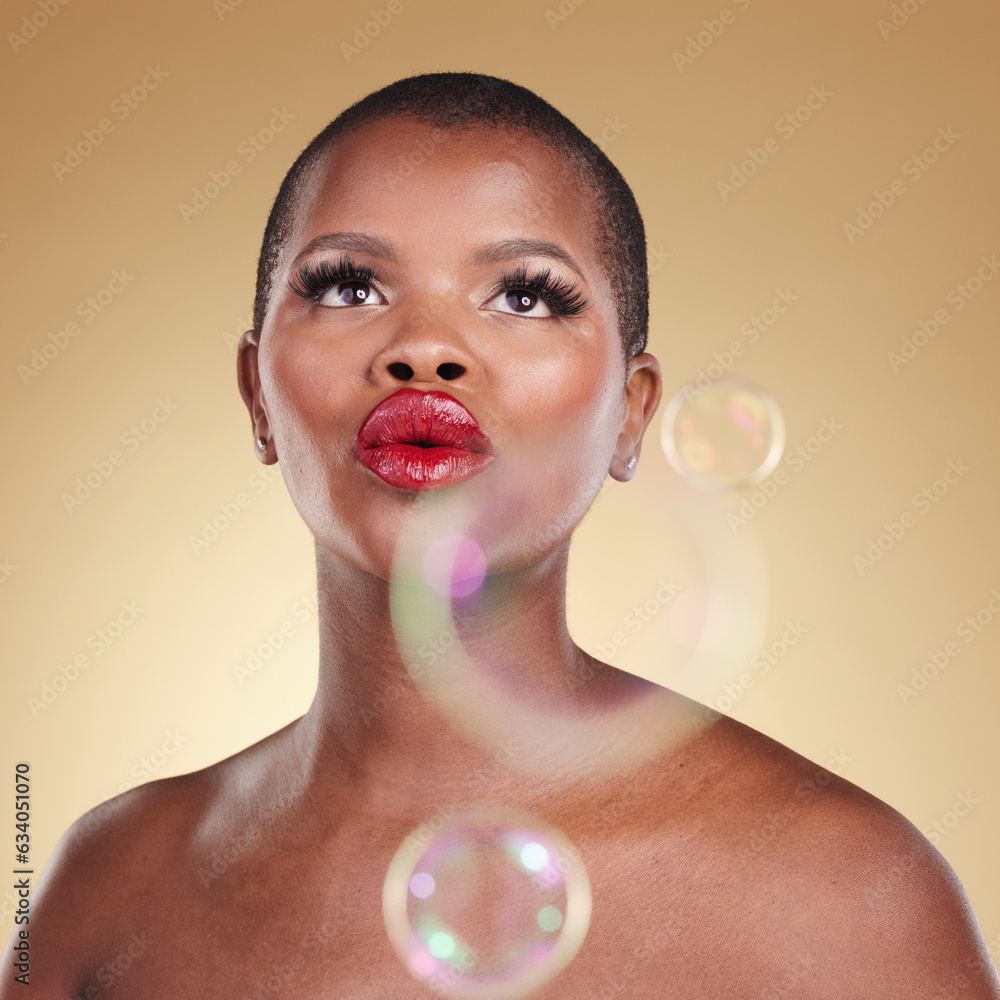 Luxury, makeup and bubbles with face of black woman in studio for cosmetics, spa treatment and beaut