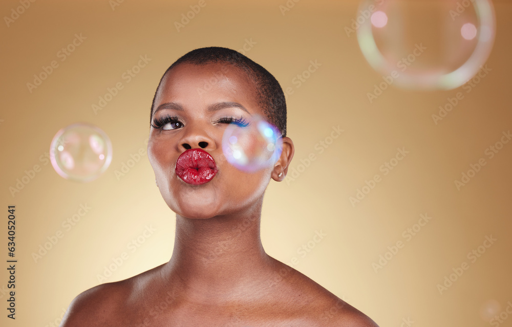 , makeup and bubbles with face of black woman in studio for cosmetics, spa treatment and luxury. Ski