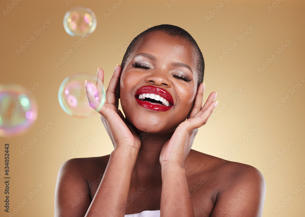 Beauty, makeup and bubbles with face of black woman in studio for cosmetics, spa treatment and luxur