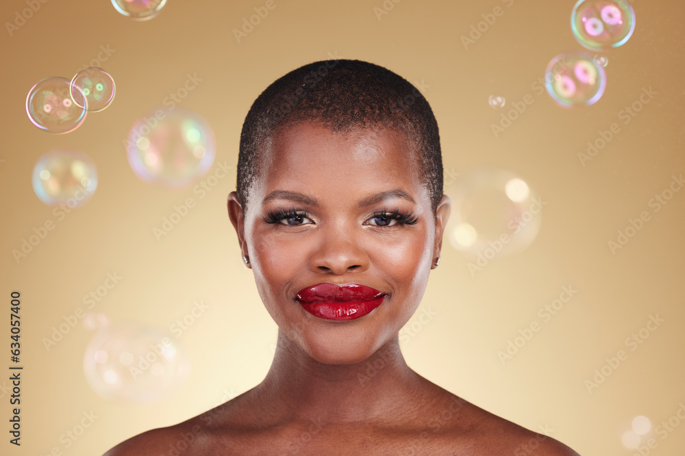 Beauty, makeup and bubbles with portrait of black woman in studio for cosmetics, spa treatment and l