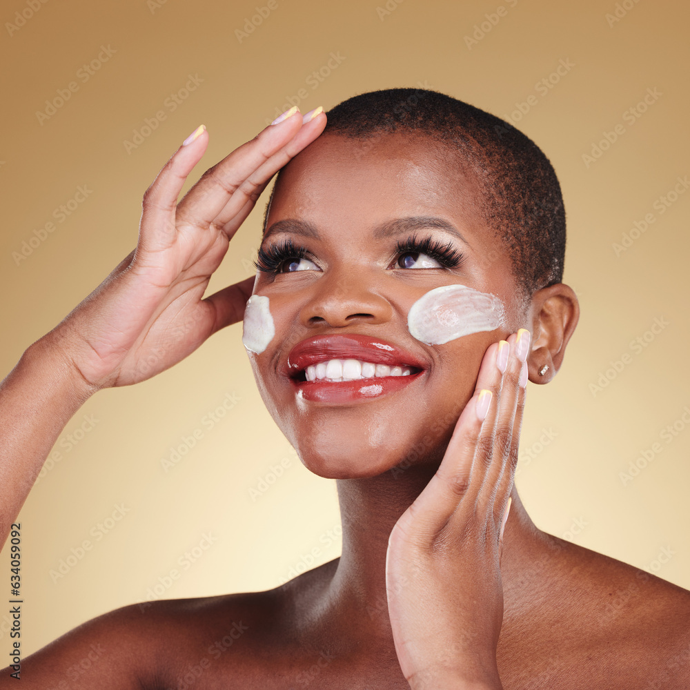 Skincare, smile and face cream for black woman in studio happy, dermatology or cosmetic results on b