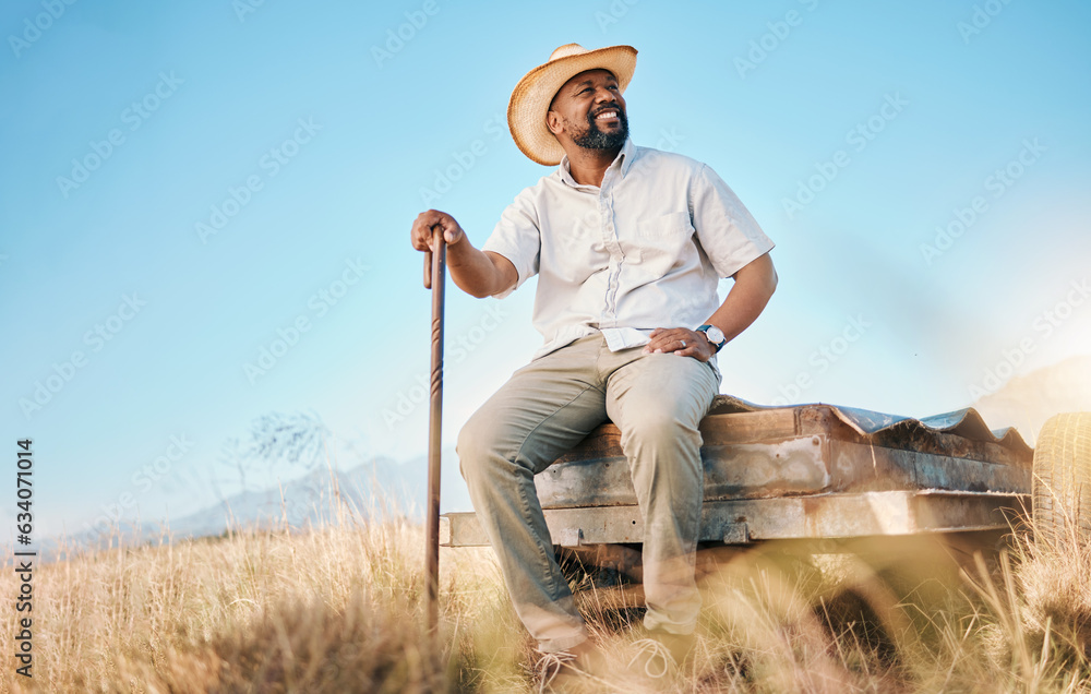 Happy, African farmer and land in the countryside and man, sitting and watching over agriculture, fi