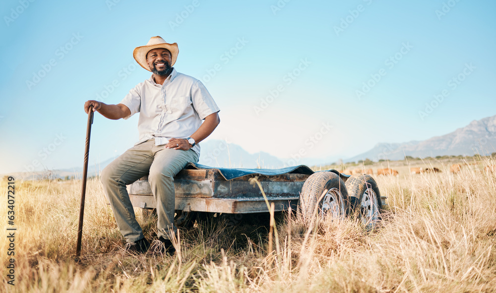 Portrait, African farmer and land in the countryside and man, sitting and watching over agriculture,