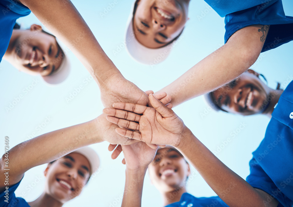 Sports, hands and portrait of baseball women below for support, teamwork and goal collaboration. Fit