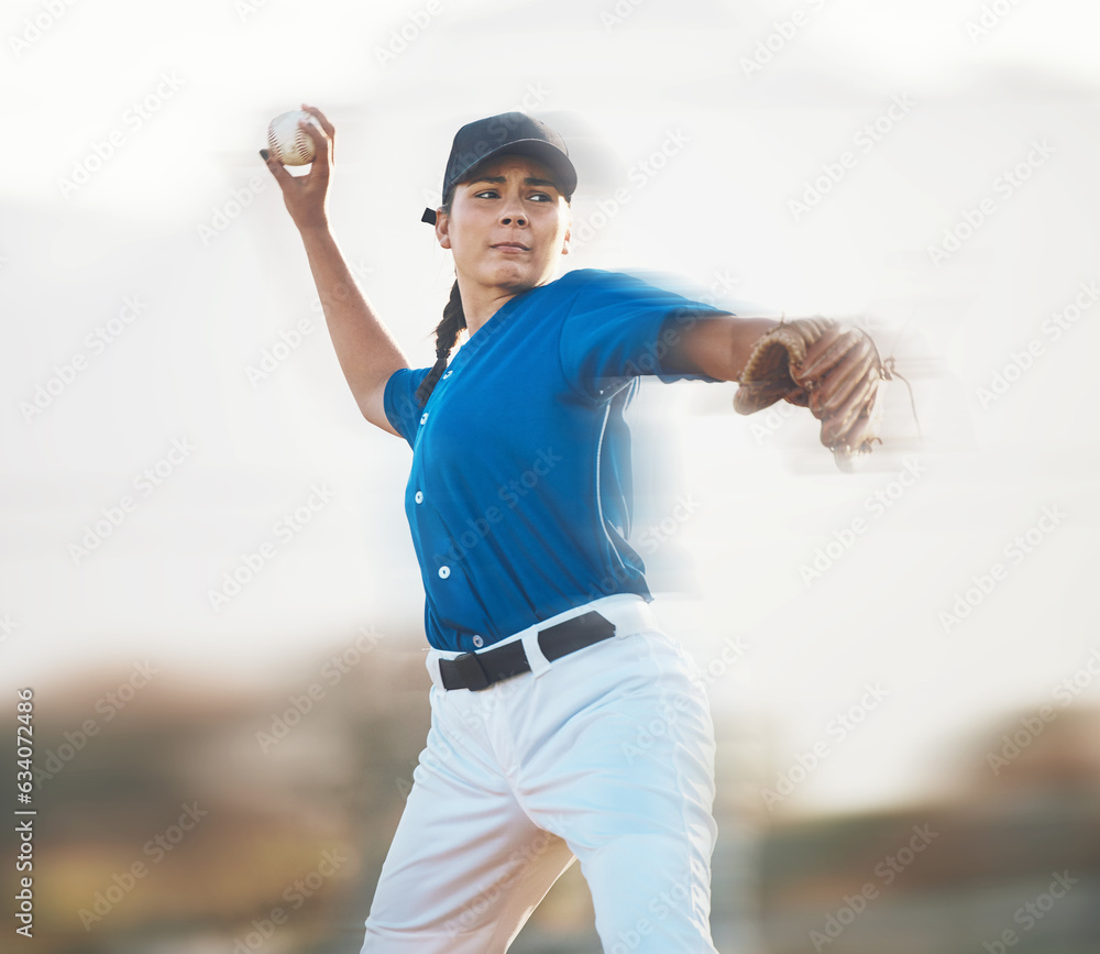 Baseball, ball and a woman pitching outdoor on a sports pitch for performance and competition. Profe