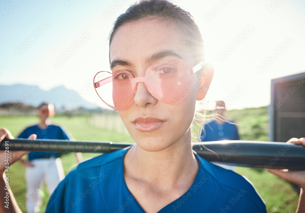 Baseball player, sunglasses and a sports person with bat outdoor on pitch for performance at competi