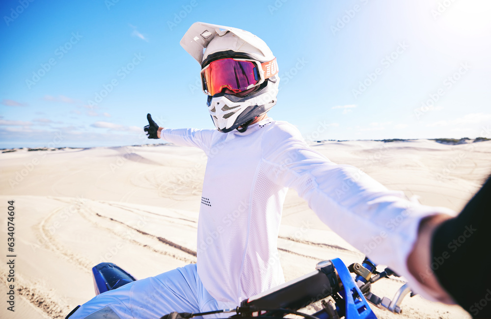 Selfie, motorcycle and man in desert adventure, nature and sports outdoor on mockup space. Bike, hel