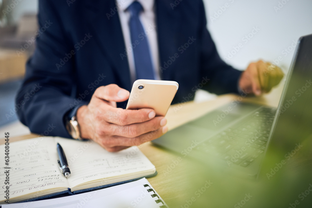 Phone, typing and hand of a business person with internet for research, information technology or co