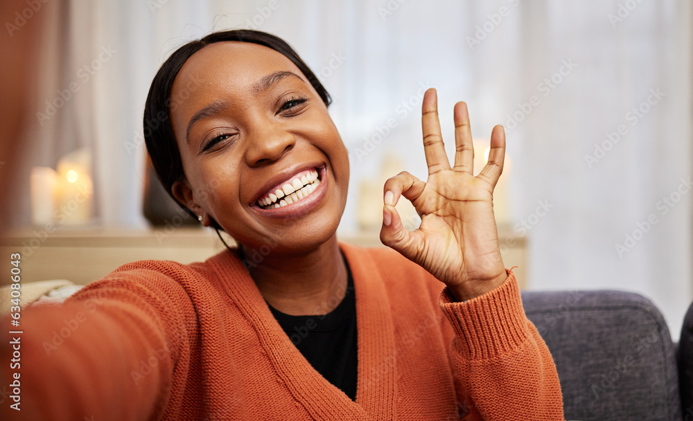 Selfie, black woman and ok hand sign at home with a smile for success, motivation and perfect. Portr