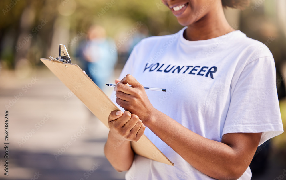 Woman, checklist and volunteering in park for climate change, outdoor inspection or community servic