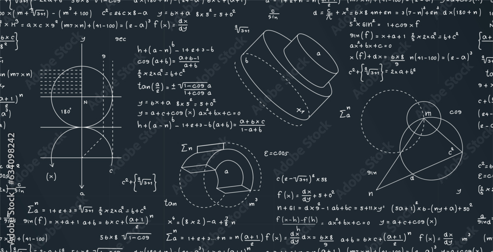 Round and cylindrical material with angles of mathematical formulas seamless pattern.