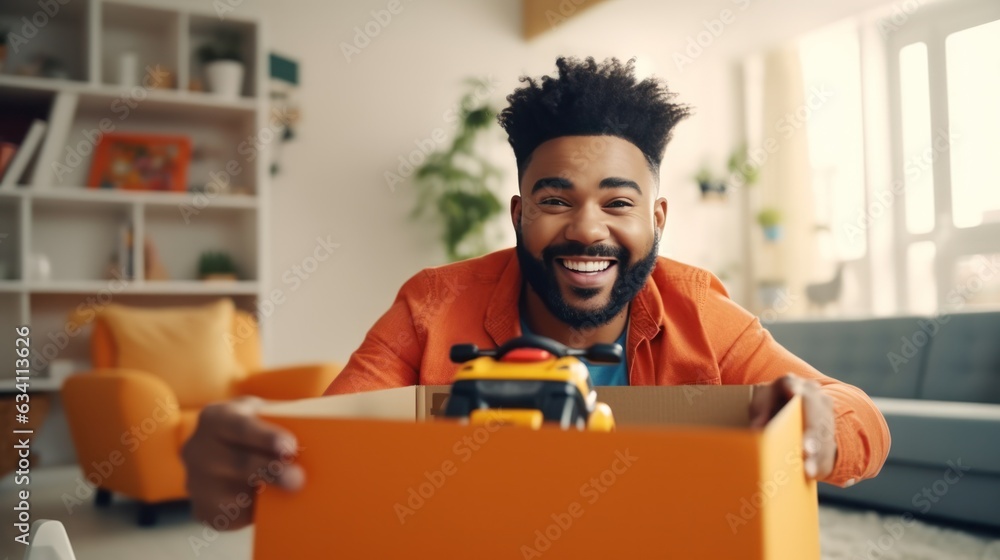 Father and son are playing at home with pretend car in a box