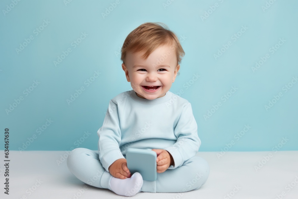 smiling cute baby boy sits on the floor and holds a phone on blue background