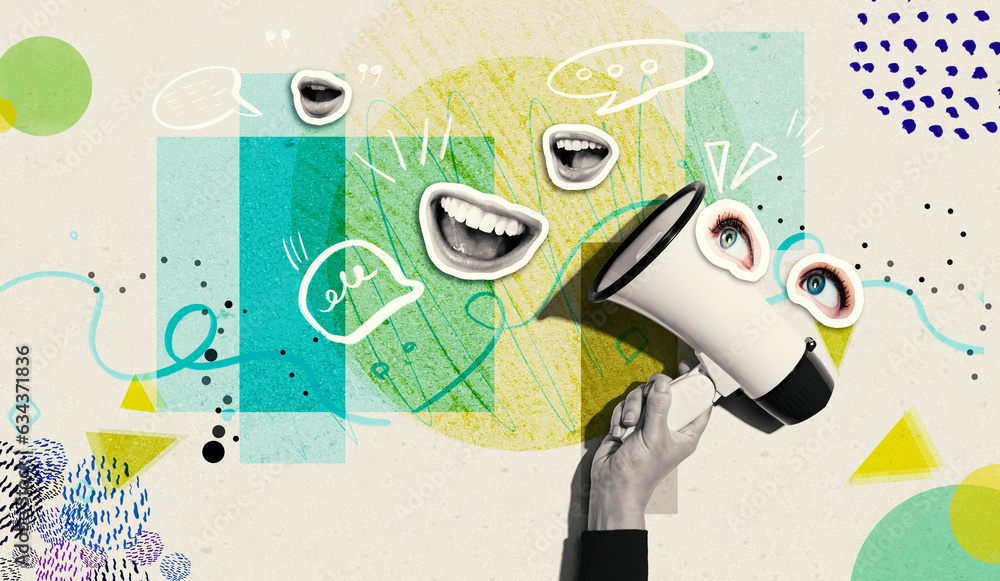 Loudspeaker with human eyes and mouth - Photo collage design