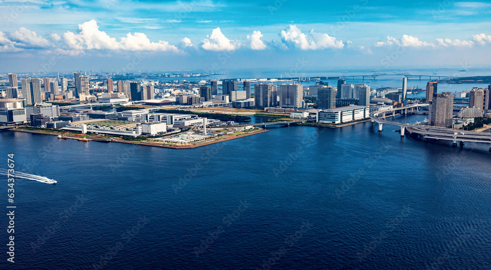 Aerial view of boats in Odaiba Harbor in Tokyo, Japan