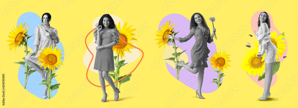 Collage with beautiful women and sunflowers on yellow background