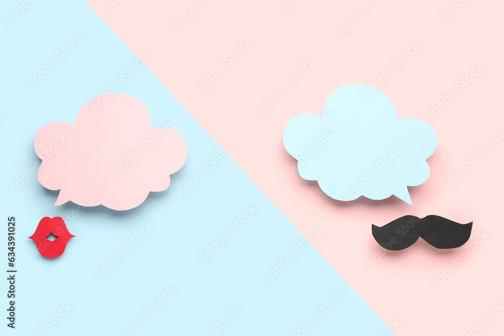 Paper lips and mustache with blank speech bubbles on colorful background