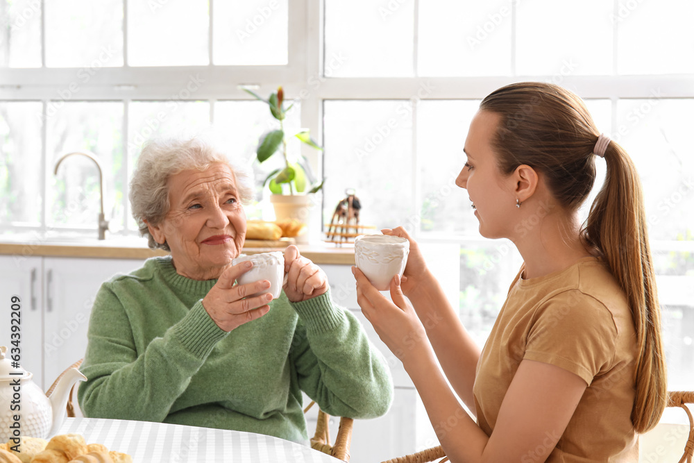 Senior woman with her granddaughter drinking tea in kitchen