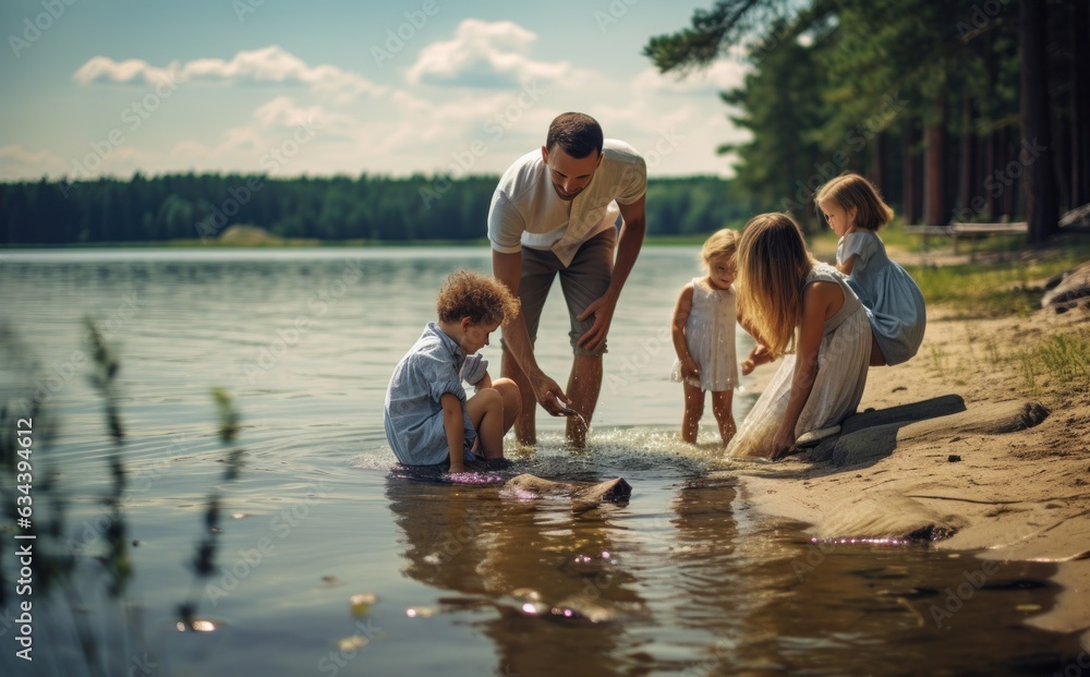 A family spend time near river together