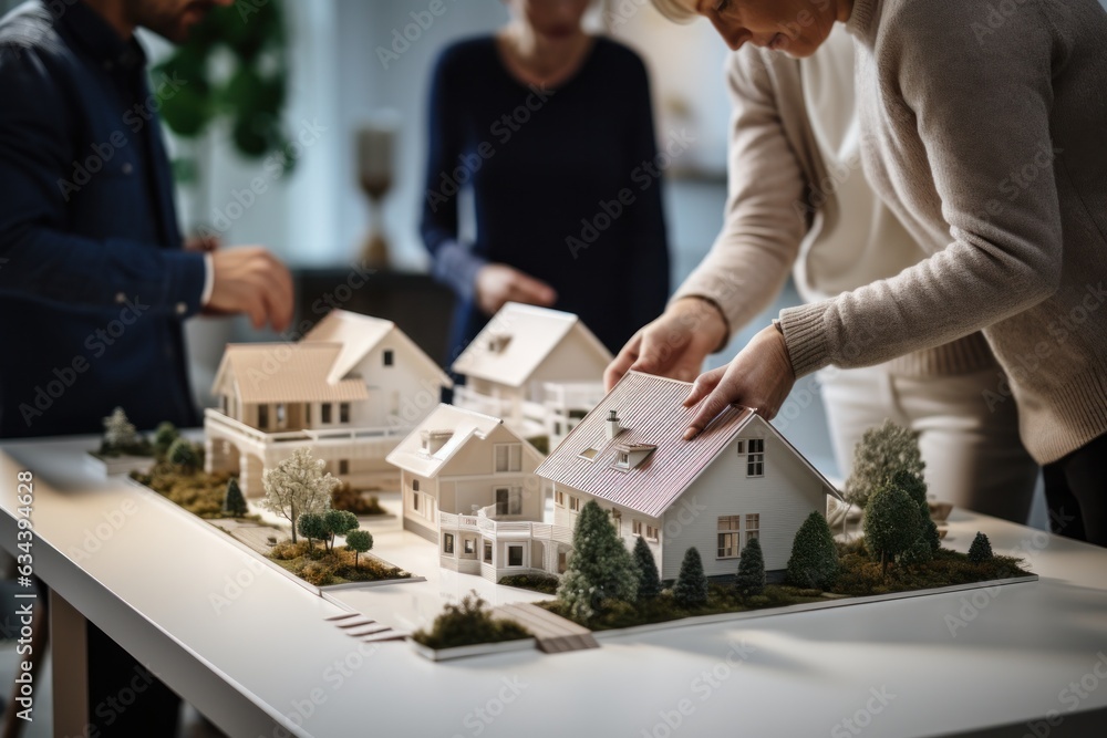 A couple on a desk with a house model and house keys