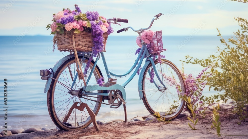 Bicycle with a basket sits on top of sand near the ocean