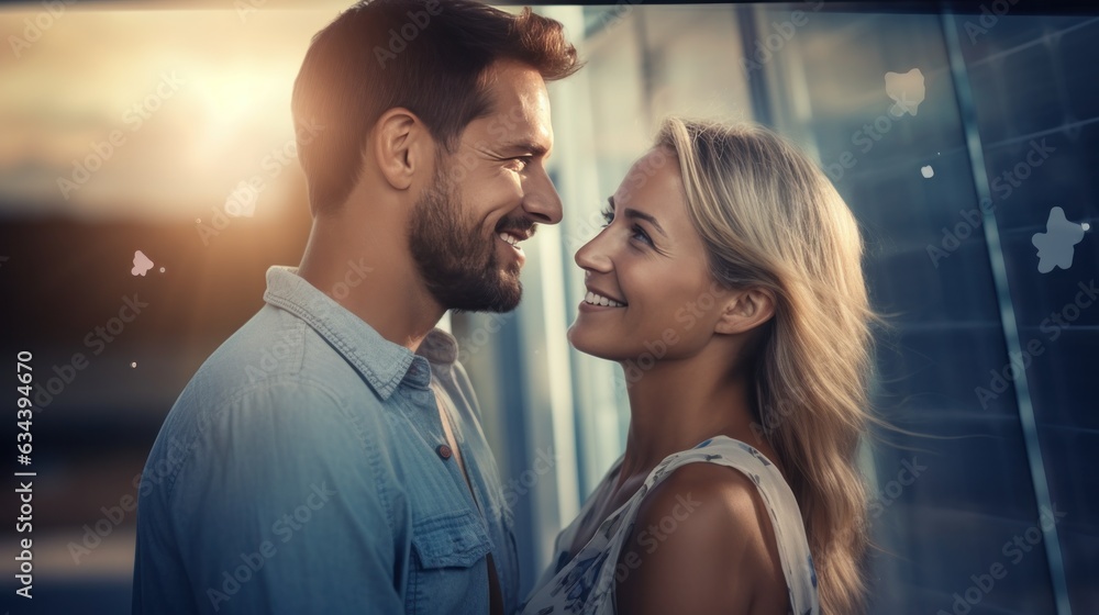 Young married couple embraces in front of the house in summer sunset