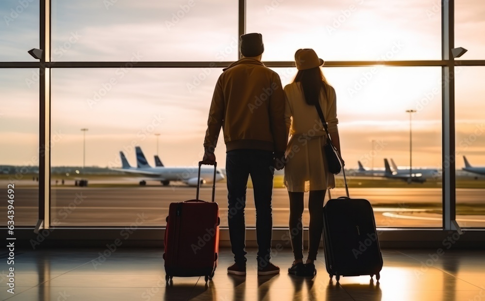 A couple holding luggage together in a airport terminal