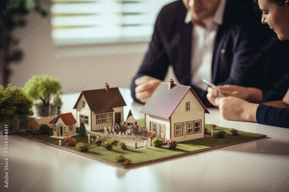 A couple on a desk with a house model and house keys