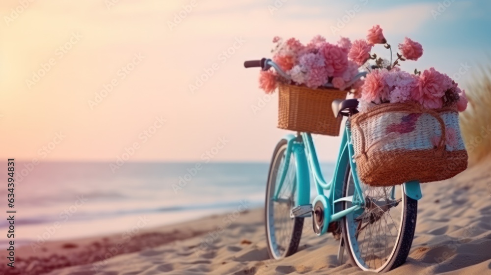 Bicycle with a basket sits on top of sand near the ocean