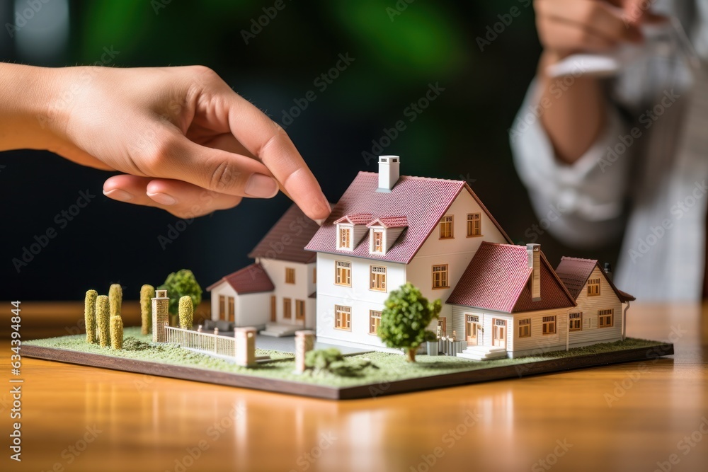 A couple on a desk with a house model and house keys