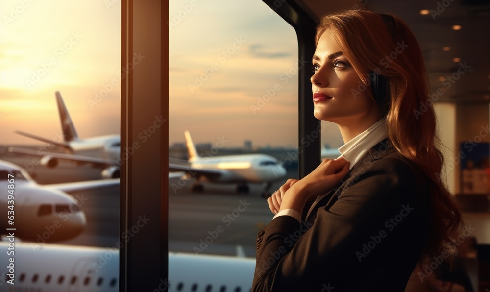 A woman is sitting by a window overlooking an airport