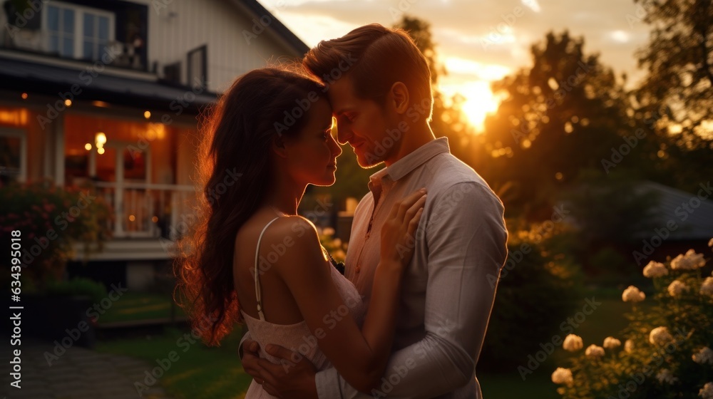 Young married couple embraces in front of the house in summer sunset