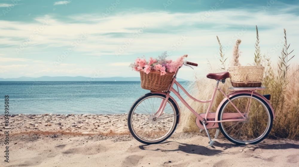 Bicycle with a basket sits on top of sand near the ocean