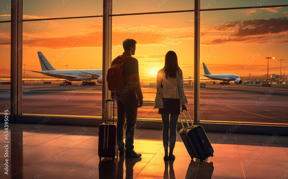 Man and woman waiting airplane in airport