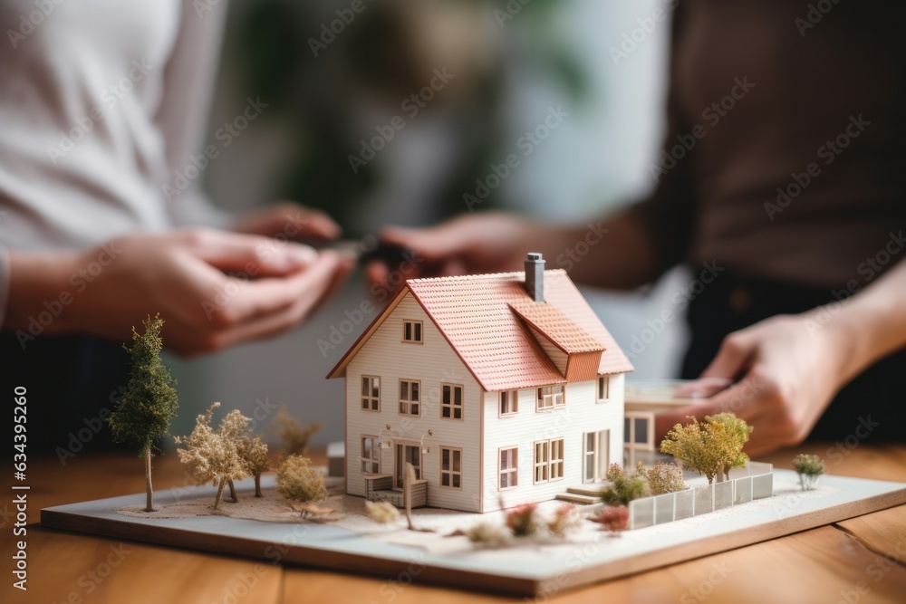 A couple on a desk with a house model and house keys