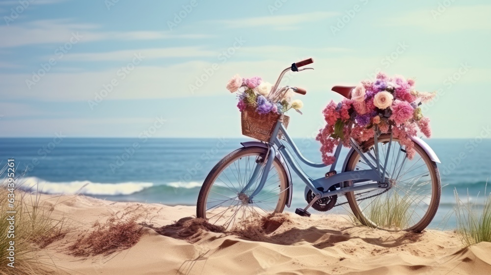 Bicycle with a basket sits on top of sand near the ocean