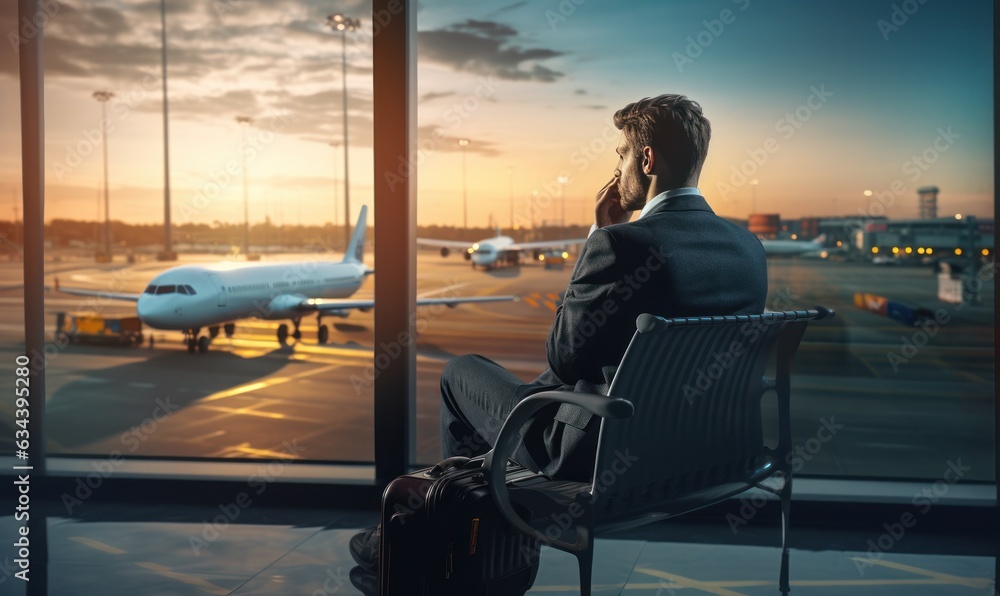 People waiting airplane in airport.