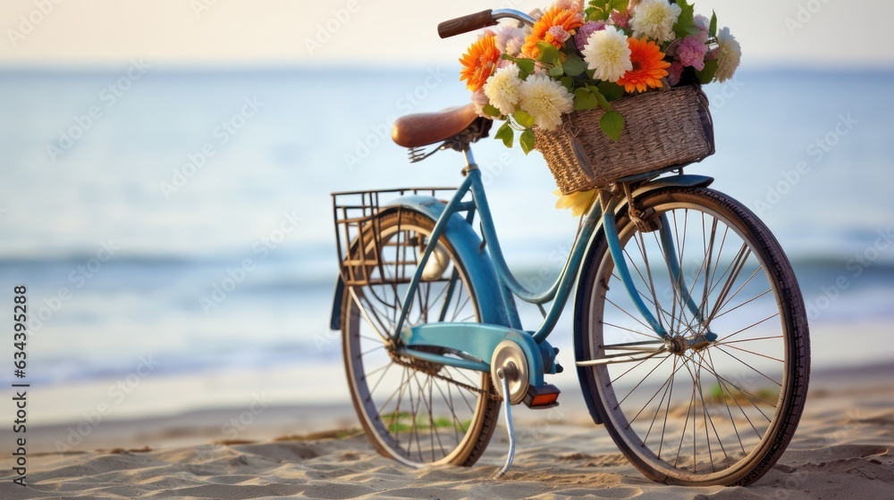 Bicycle with a basket sits on top of sand near the ocean