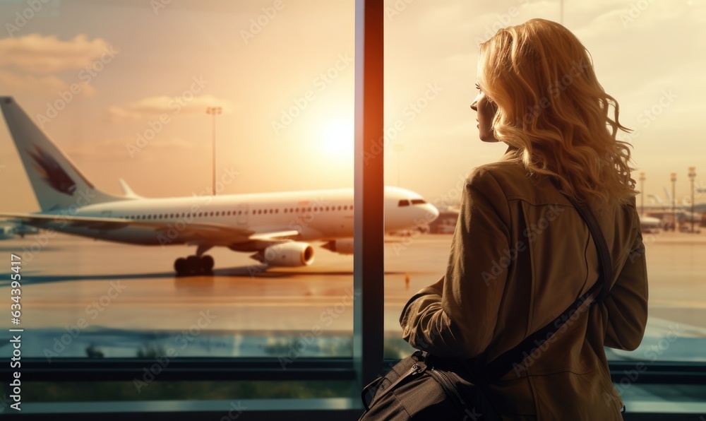 A woman is sitting by a window overlooking an airport